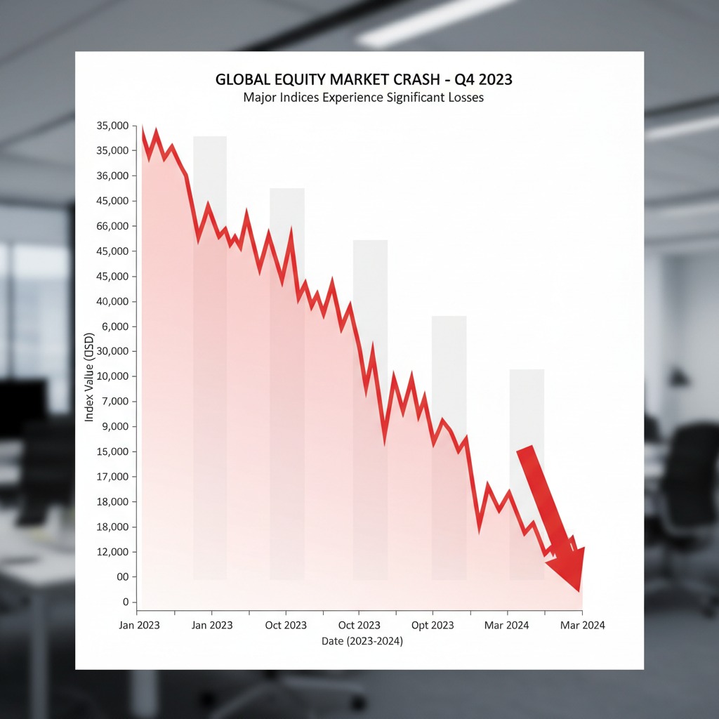A line graph titled Global Equity Market Crash - Q4 2023 shows a sharp downward trend in index values from January 2023 to March 2024.